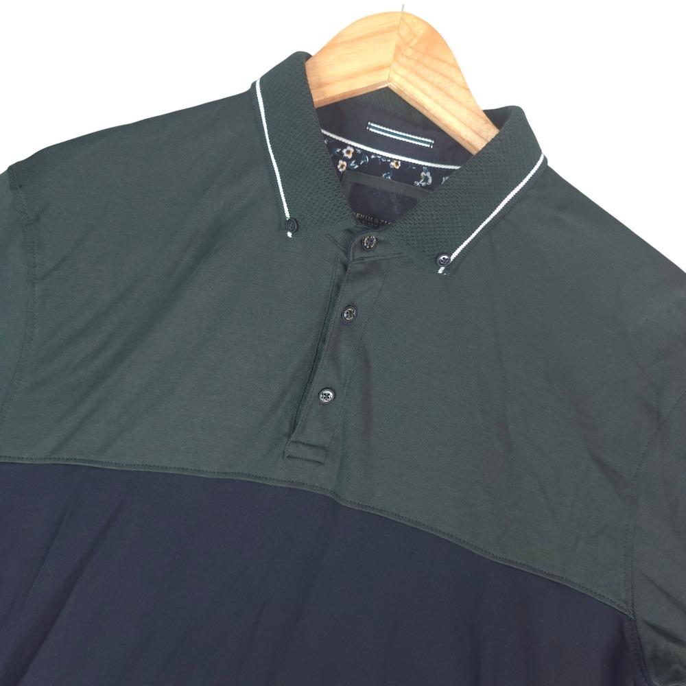 Denim & Flower Polo Shirt Mens XL Green Black Colorblock Button Down Collar